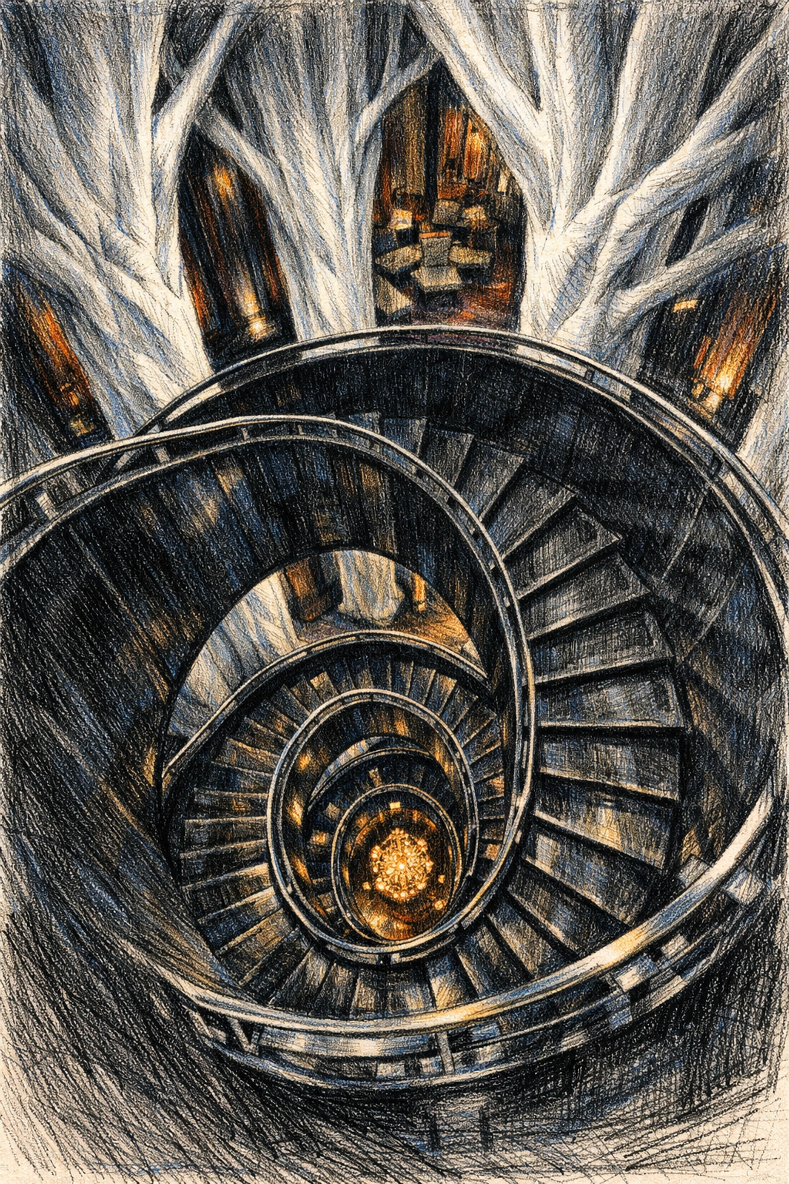 Dramatic luxury hospitality design with a black spiral staircase and white sculptural columns.