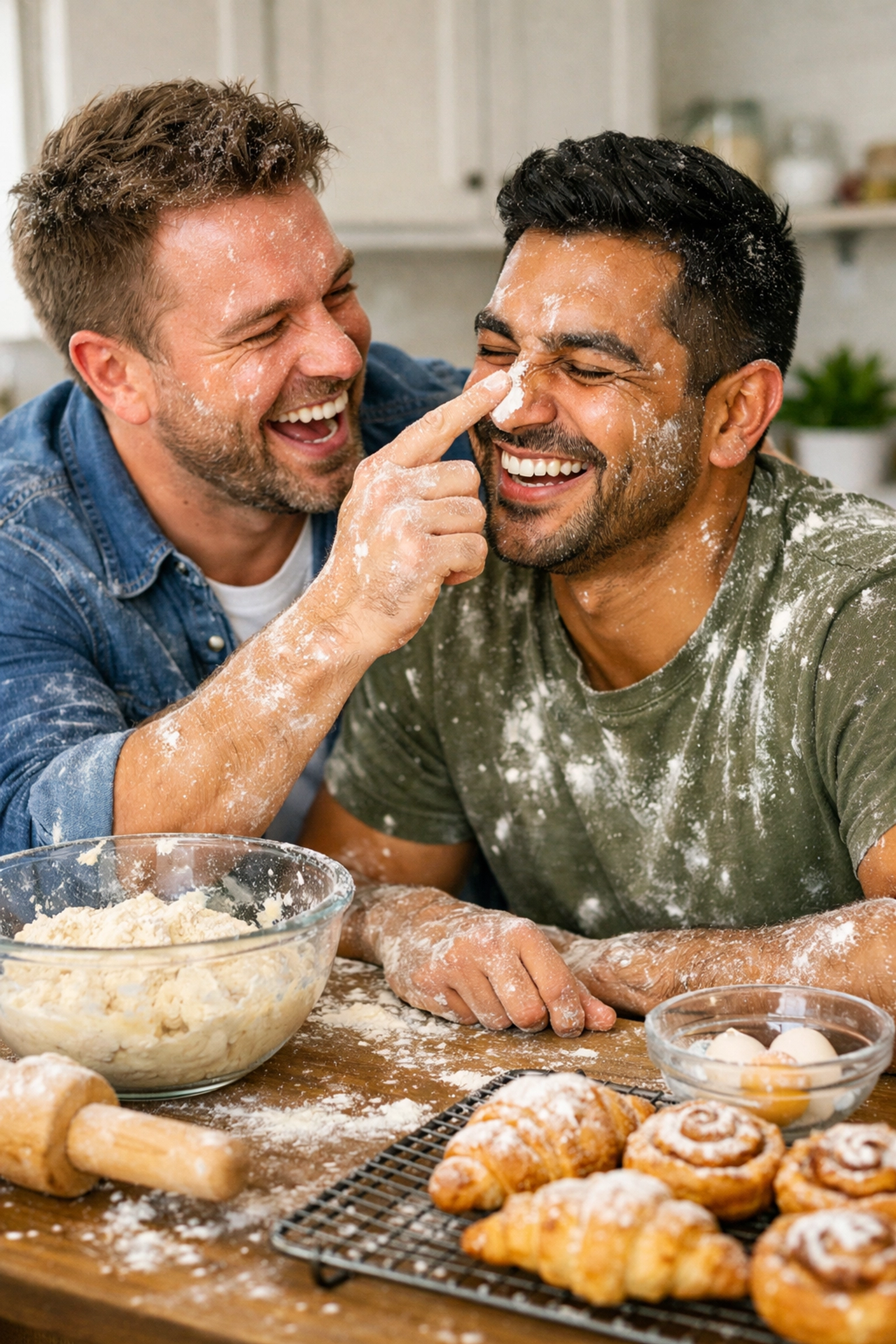 Two men laughing while baking in a messy kitchen, a perfect example of the domestic bliss MM romance trope.