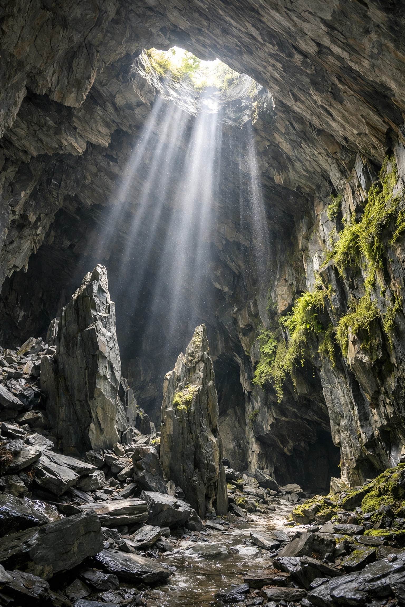 Inside the sunlit Cathedral Cave in Little Langdale, a secret spot on Lake District guided walks.