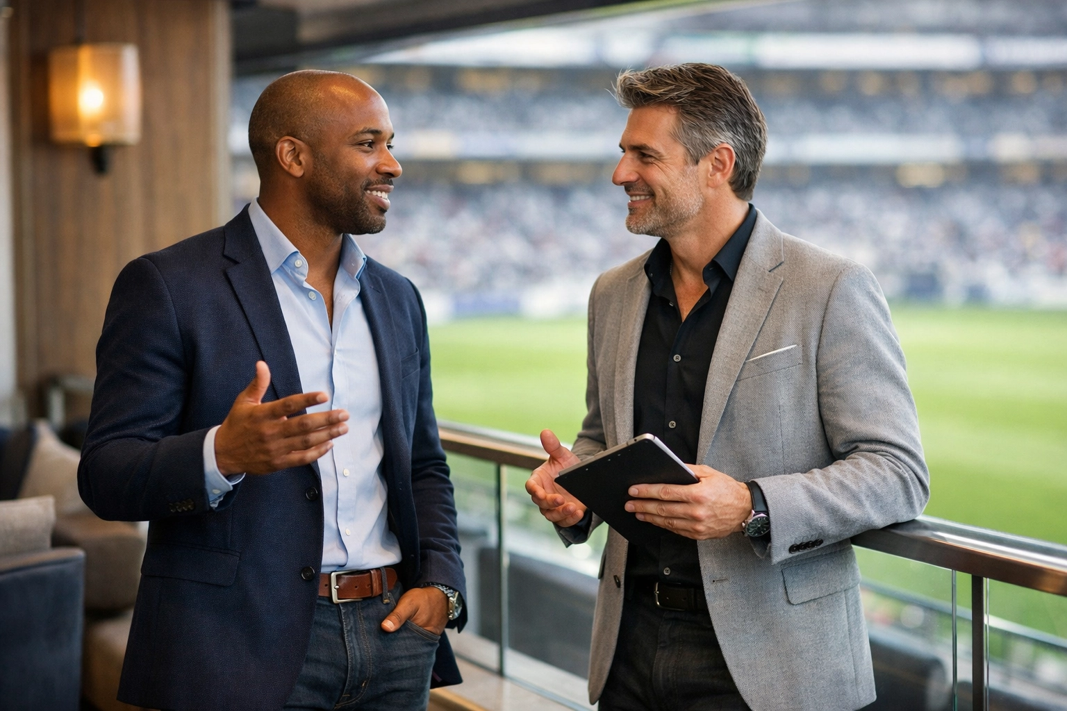 Executives networking in a Super Bowl VIP lounge overlooking the stadium field.
