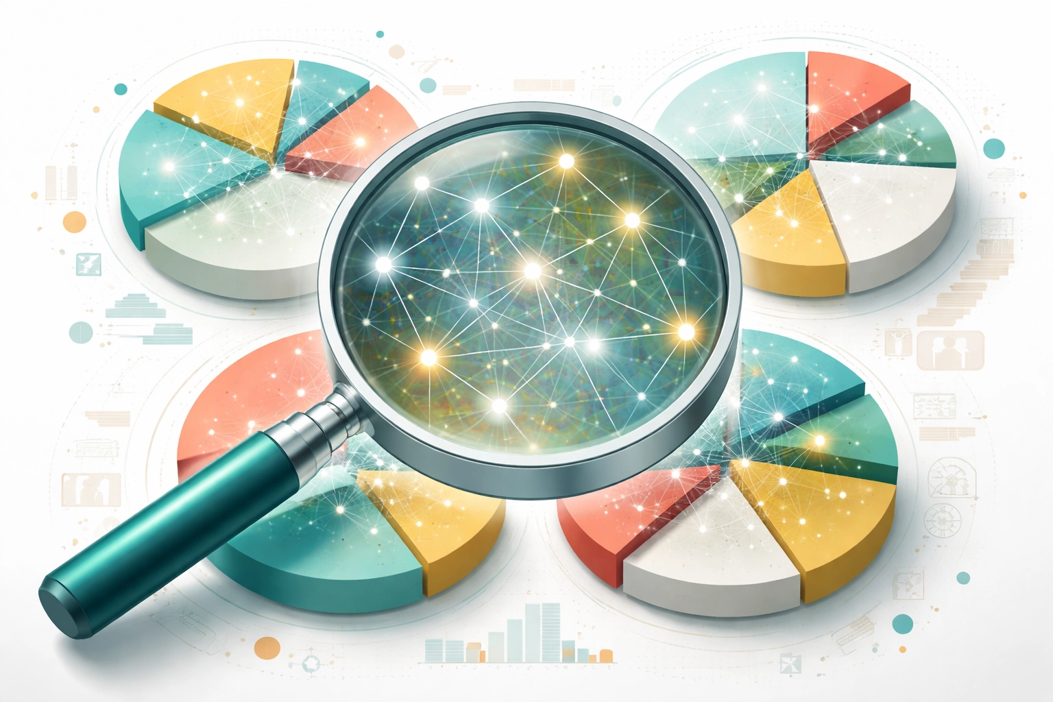 Magnifying glass over multiple colorful pie charts uncovers hidden overlapping holdings in diversified portfolios.