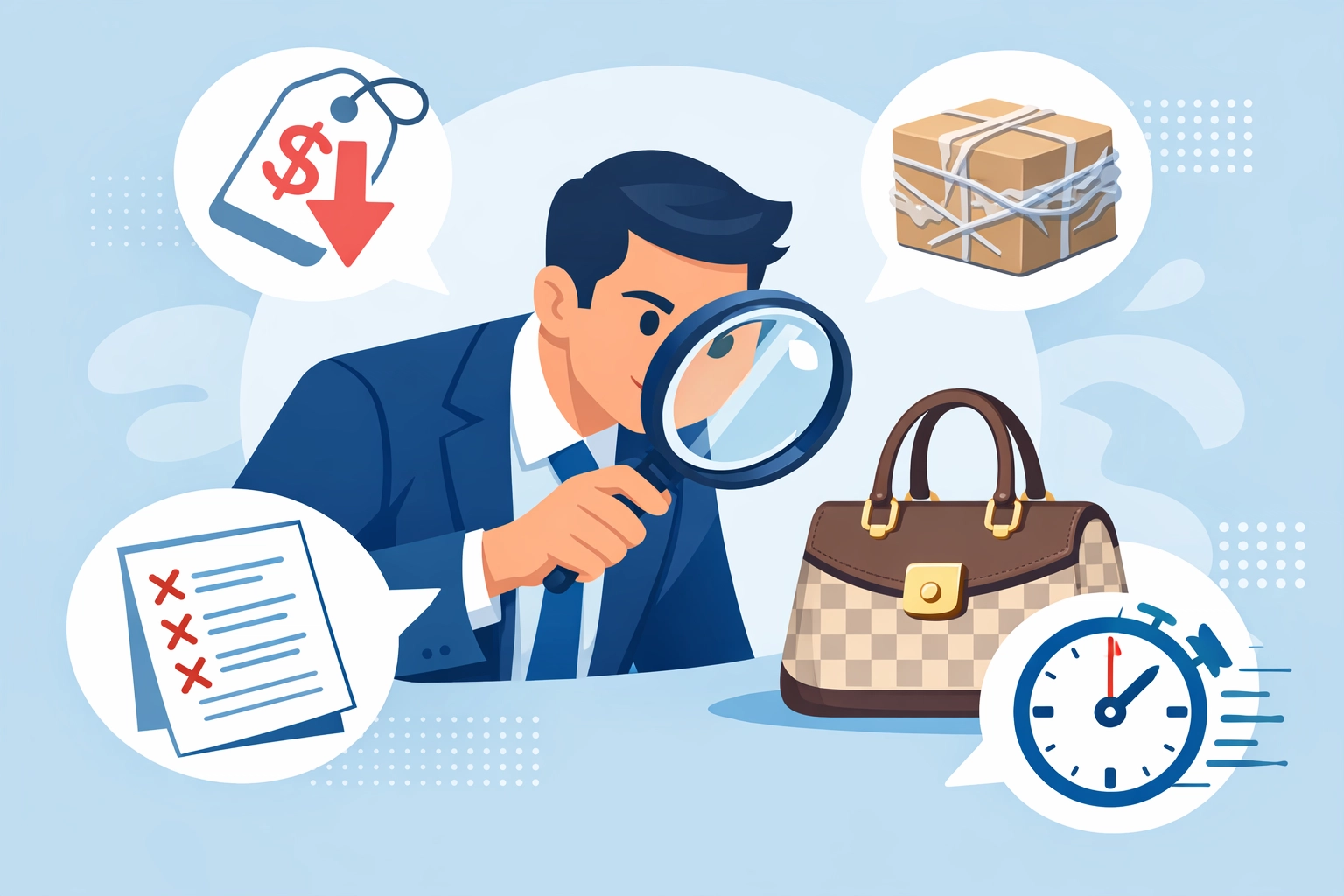 Infographic showing red flags for counterfeit items like low prices and poor quality packaging.