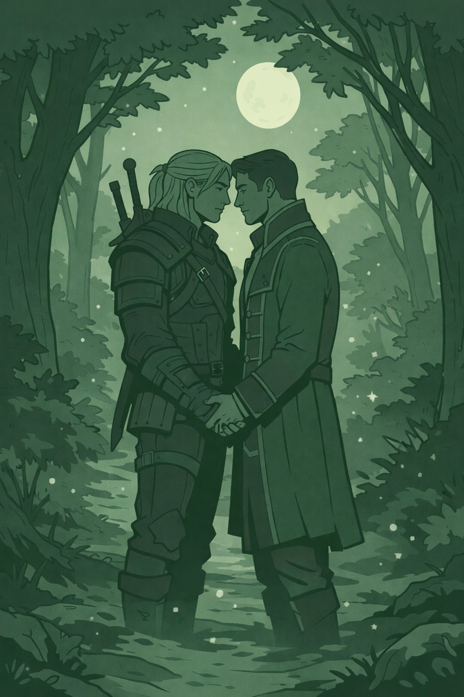 Secret gay love story: two men holding hands in moonlit fantasy forest
