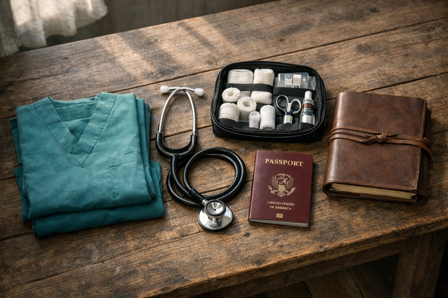 Essential veterinary volunteer gear including stethoscope and scrubs prepared for an international mission.