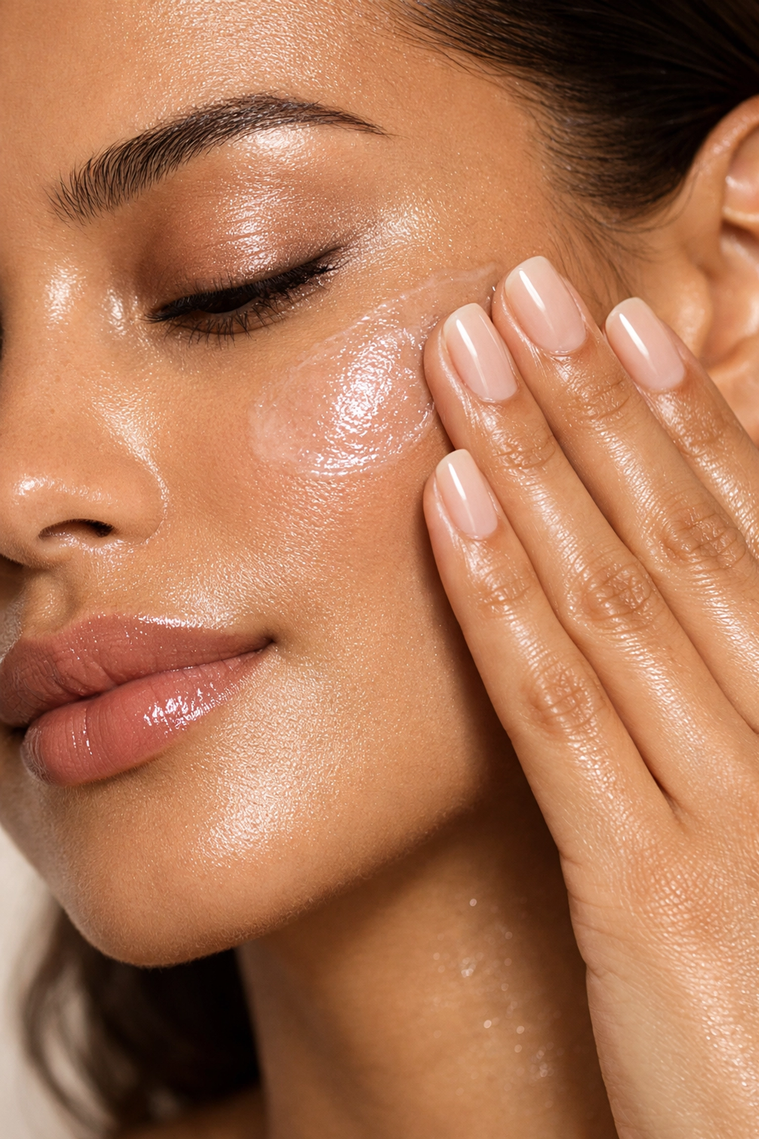 Woman patting face primer into skin using fingertips for smooth makeup application