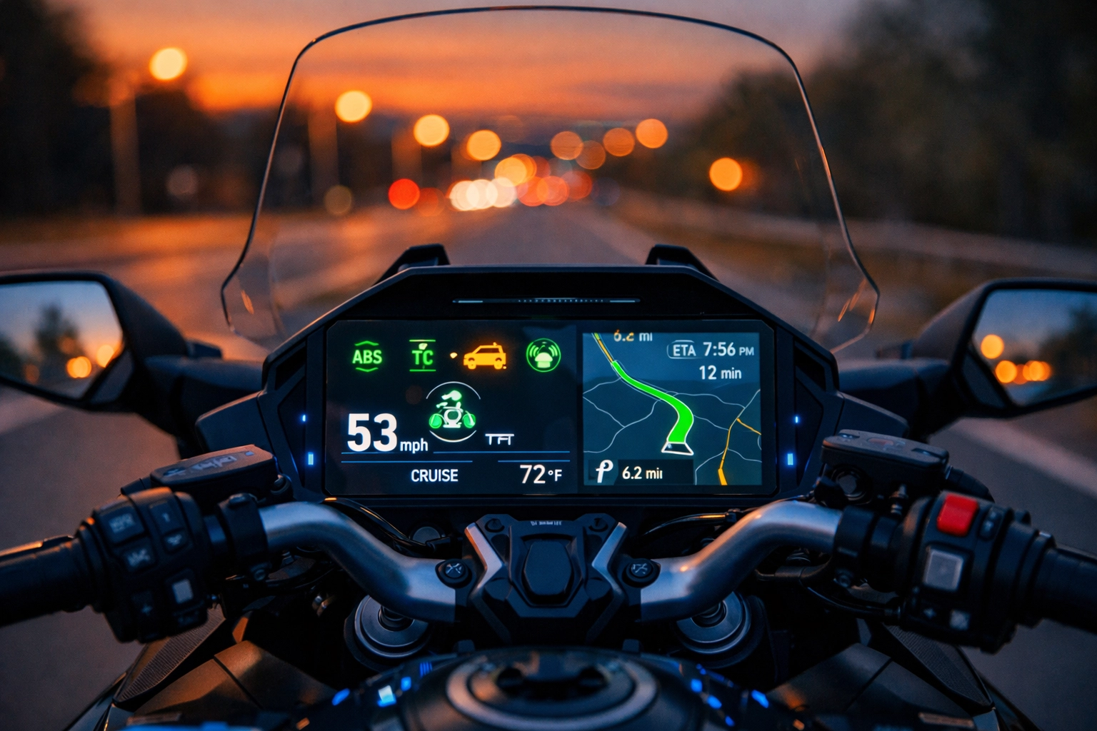 Modern motorcycle digital dashboard showing advanced safety technology and navigation at dusk.