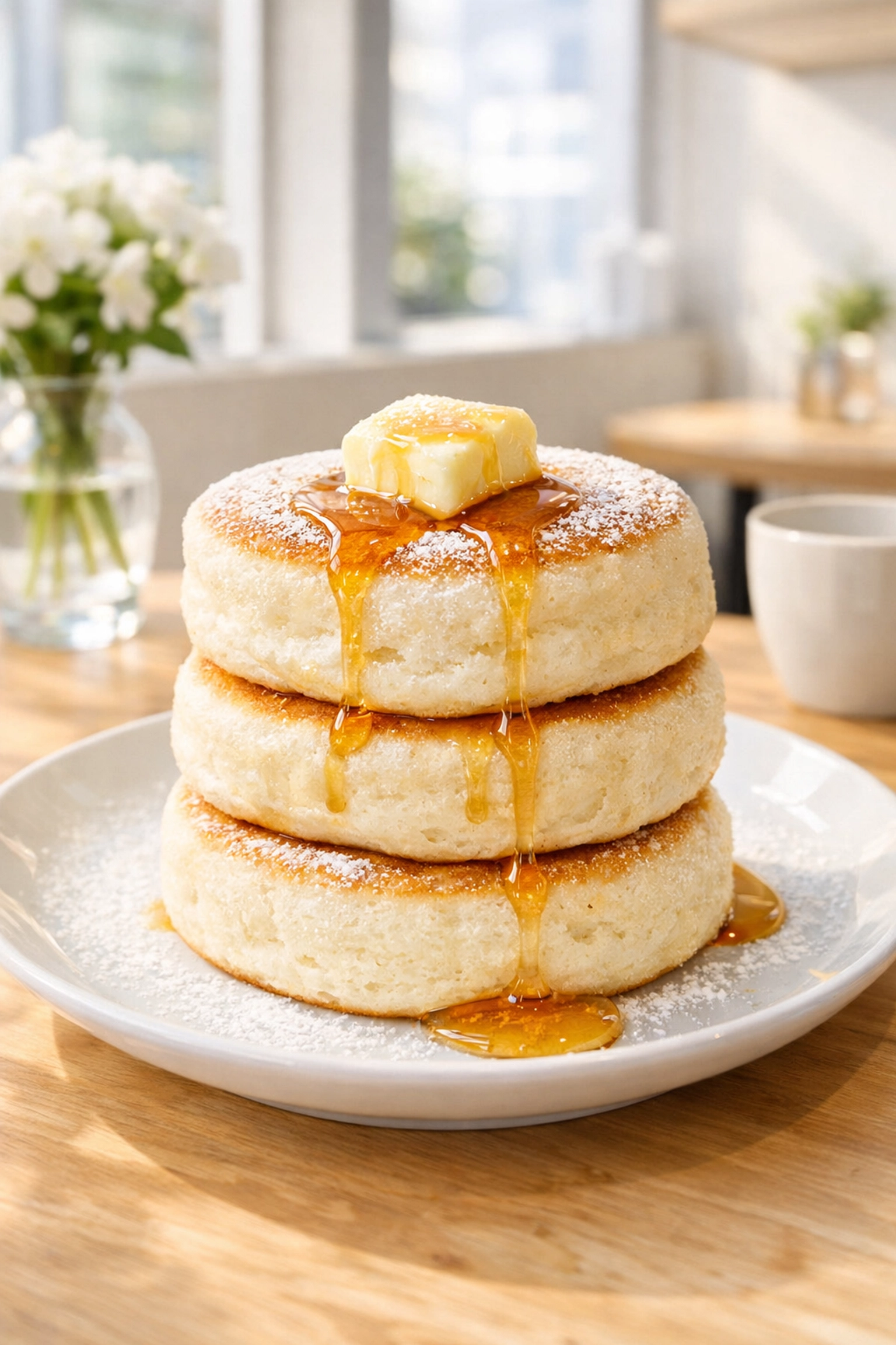 Fluffy Japanese soufflé pancakes with syrup at a modern cafe, a popular Tokyo dessert.