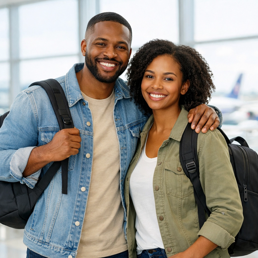 Happy couple traveling light with carry-on backpacks at airport terminal
