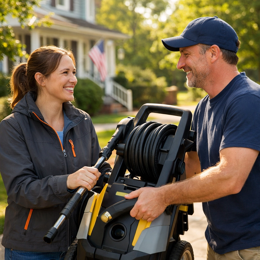 Friendly neighbors exchanging a rental pressure washer in a suburban Massachusetts neighborhood.