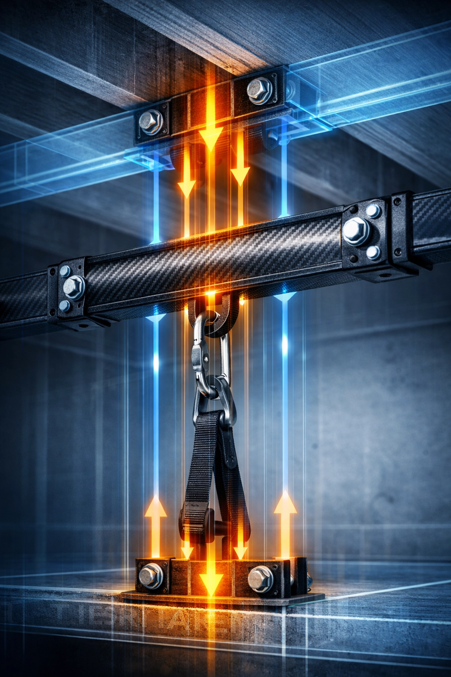 Visualization of a secure floor-to-ceiling compression-fit home gym system under tension.