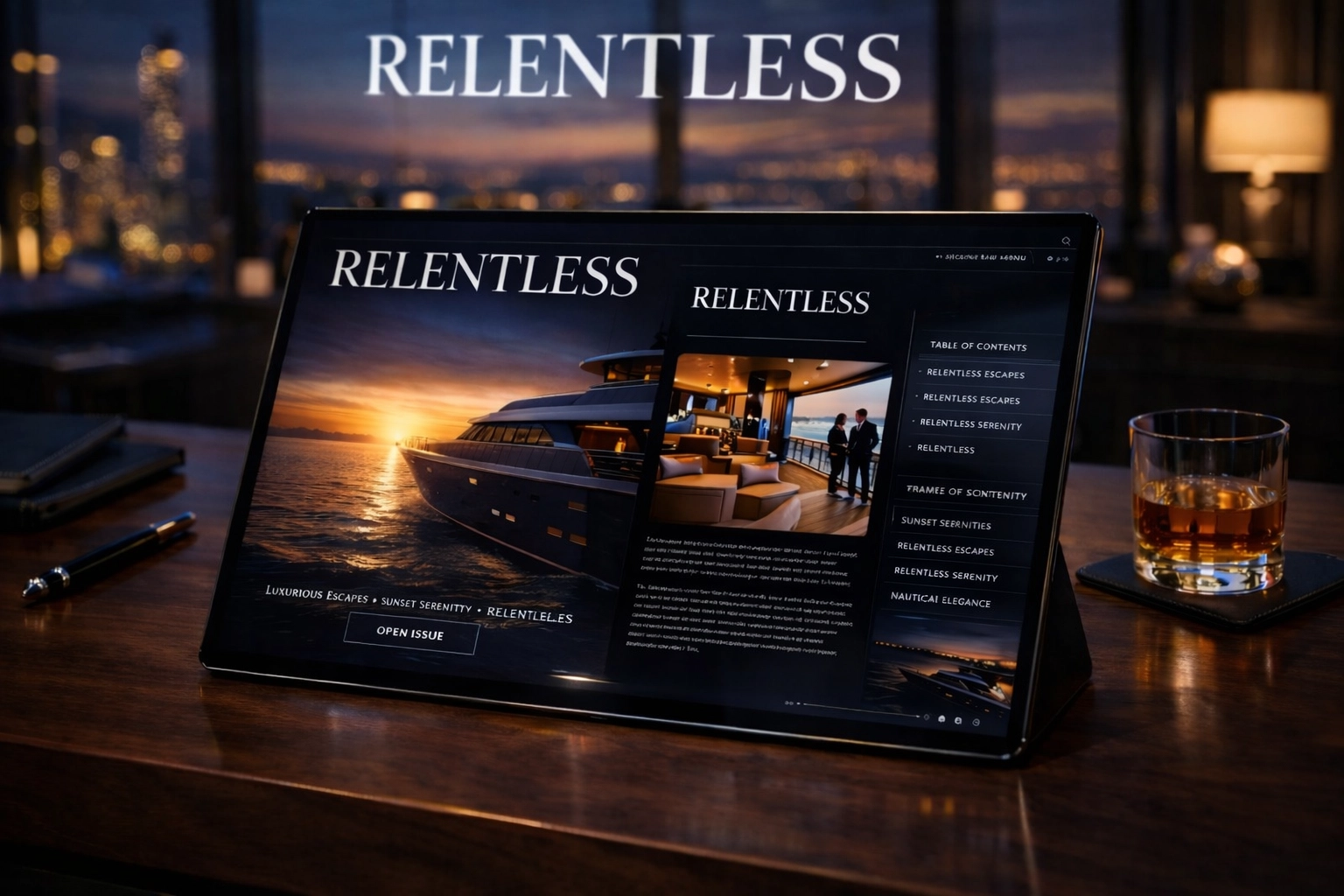 Interactive digital edition of RELENTLESS magazine on a tablet for high-end branding.
