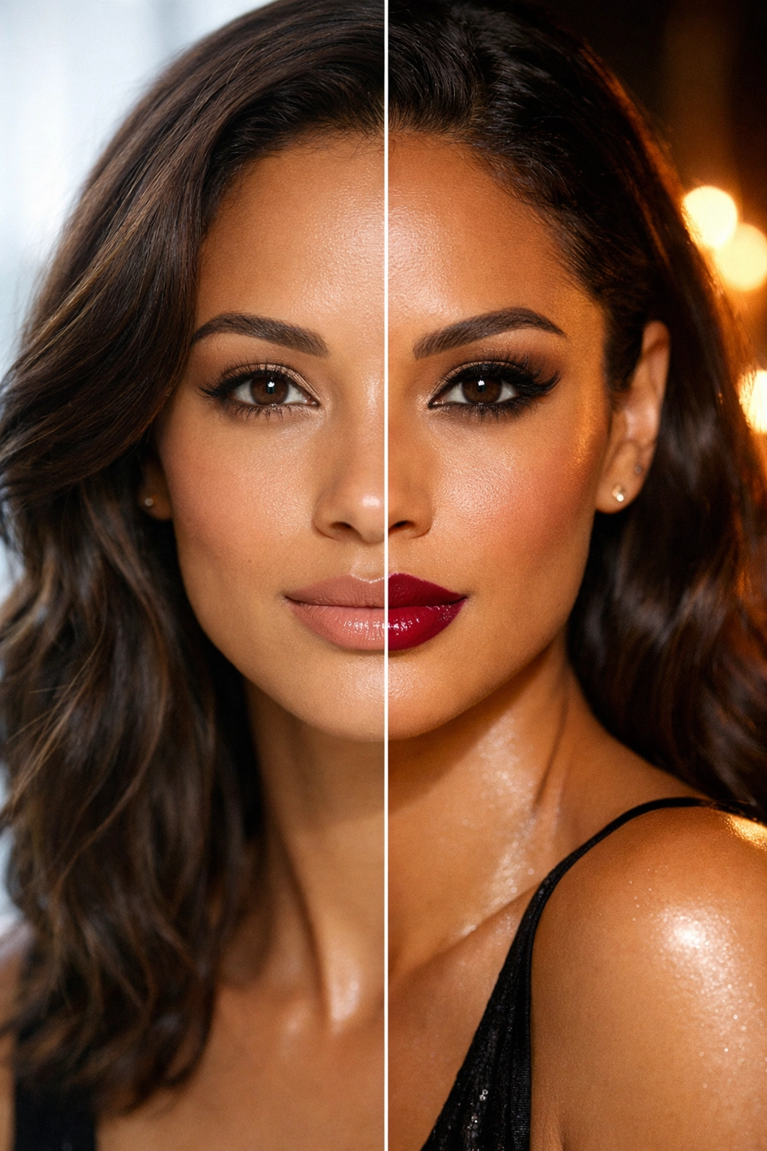 Day to night makeup transformation showing natural daytime look versus bold evening makeup