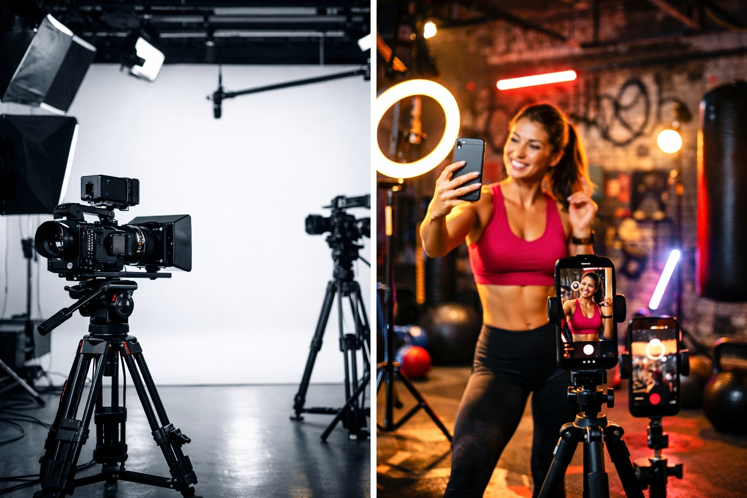 Comparison of traditional studio advertising versus modern social media content creation spaces