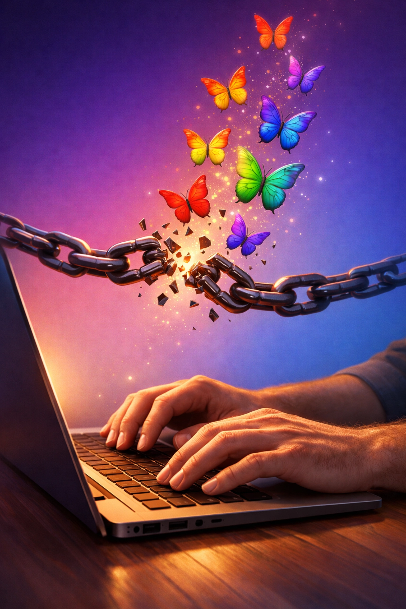 LGBTQ+ author breaking free from publishing censorship, typing with rainbow butterflies symbolizing creative freedom