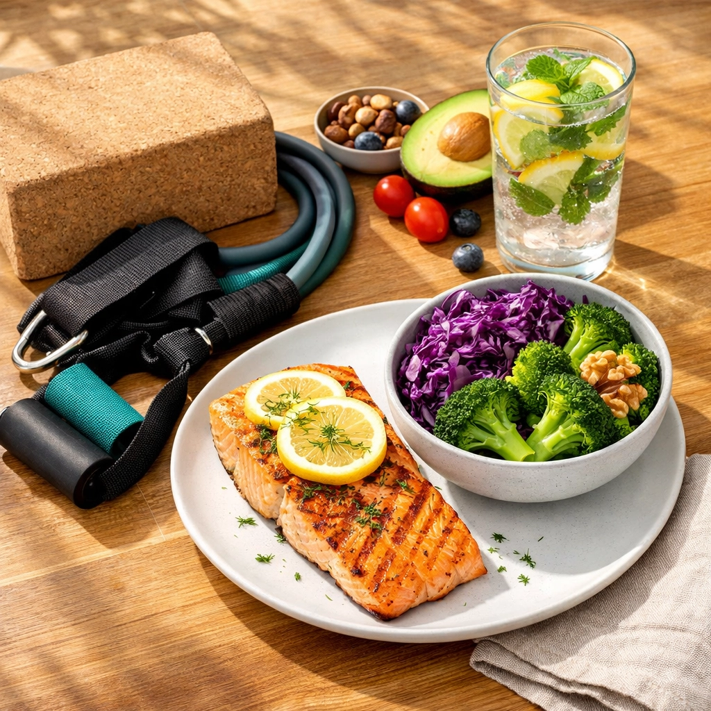 Healthy salmon and vegetable meal alongside yoga equipment for holistic endometriosis management.