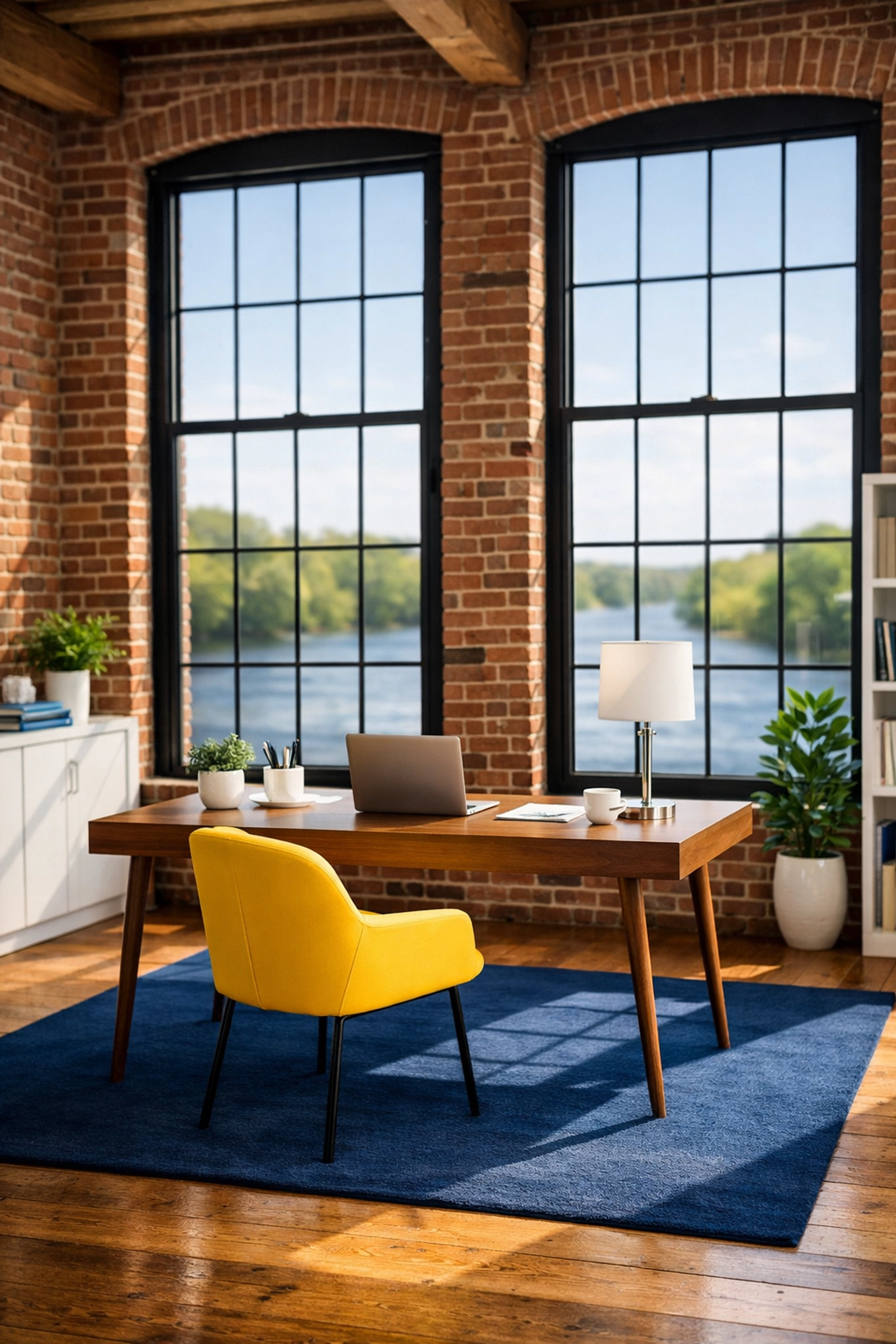 Sun-drenched clean home office in a Lowell mill loft, illustrating peace of mind with maid services Lowell.