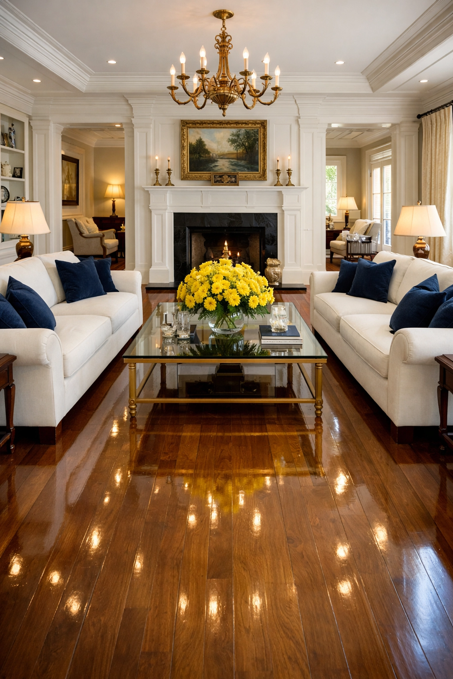 Elegant living room with buffed hardwood floors showing high-quality house cleaning in Westborough.