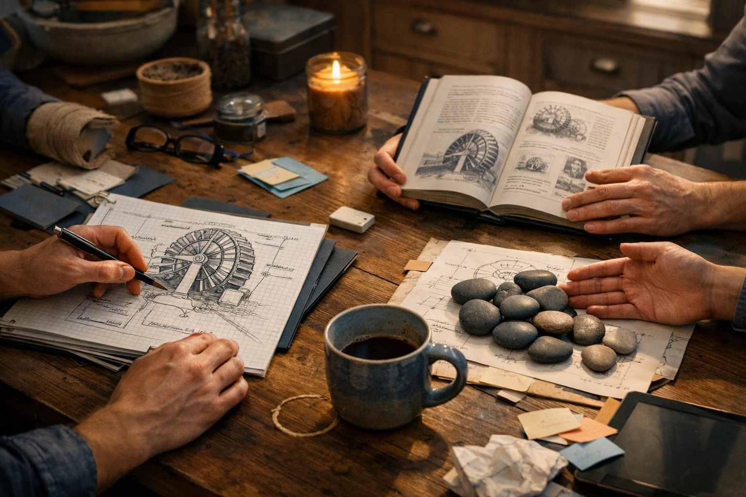 Students collaborating on a waterwheel project at a table, highlighting social-emotional development skills.