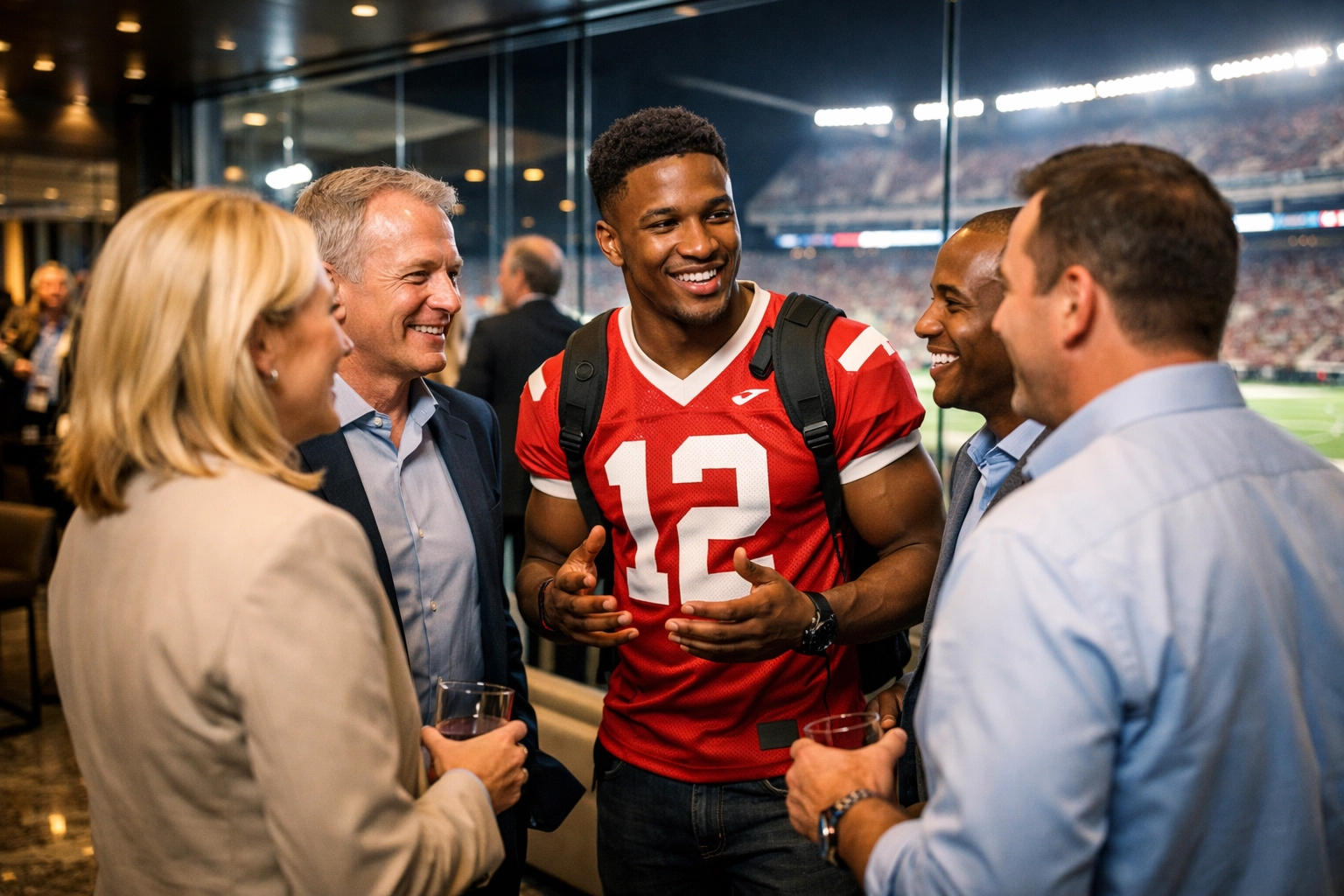 Corporate leaders and a collegiate athlete discussing NIL business consulting at the Super Bowl.