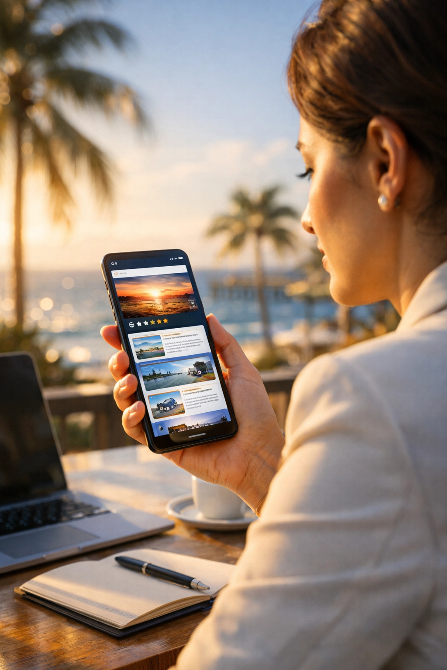 Professional in Venice Florida viewing zero-click AI search results and local snippets on a smartphone.