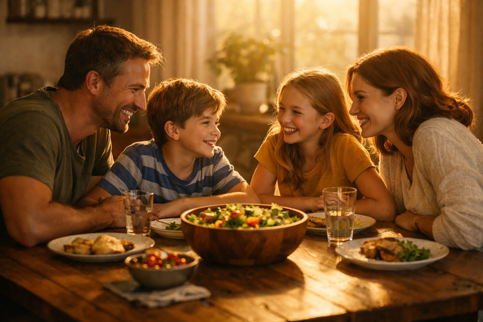 Family connecting over a healthy, screen-free meal at a wooden dining table during sunset.