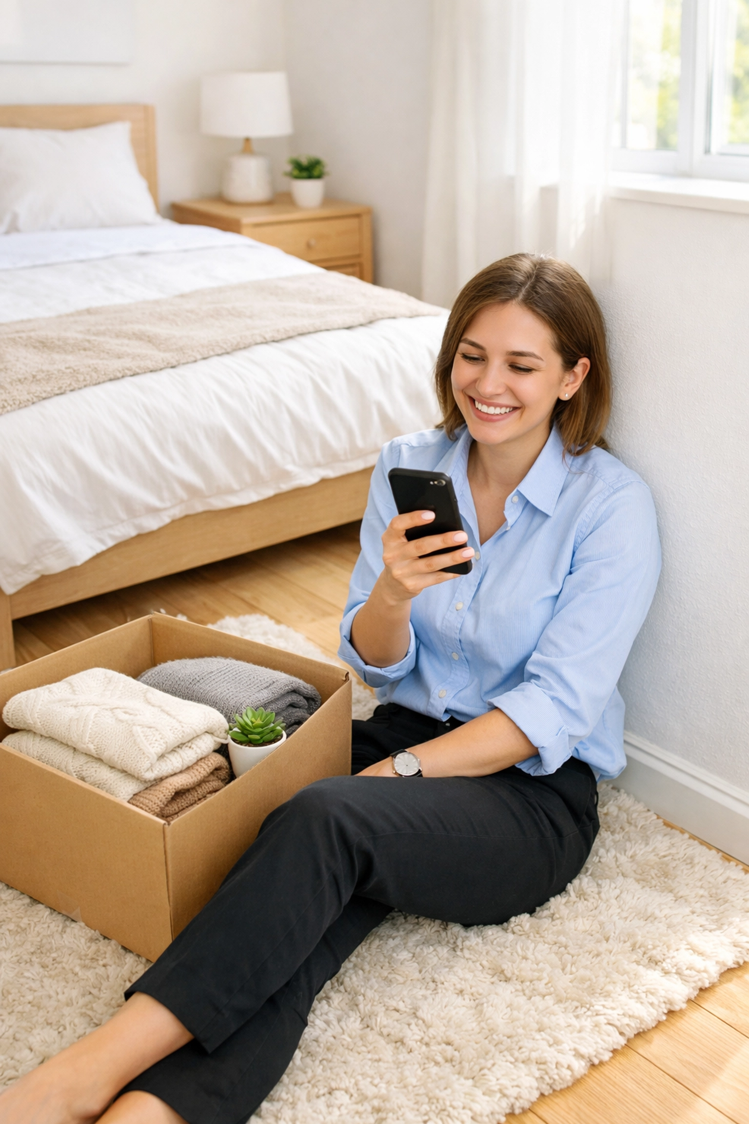 A young professional sitting on a neatly made bed with a laptop and a checklist, organizing move-in essentials in a private bedroom with natural light. (Work-From-Home/Tech)