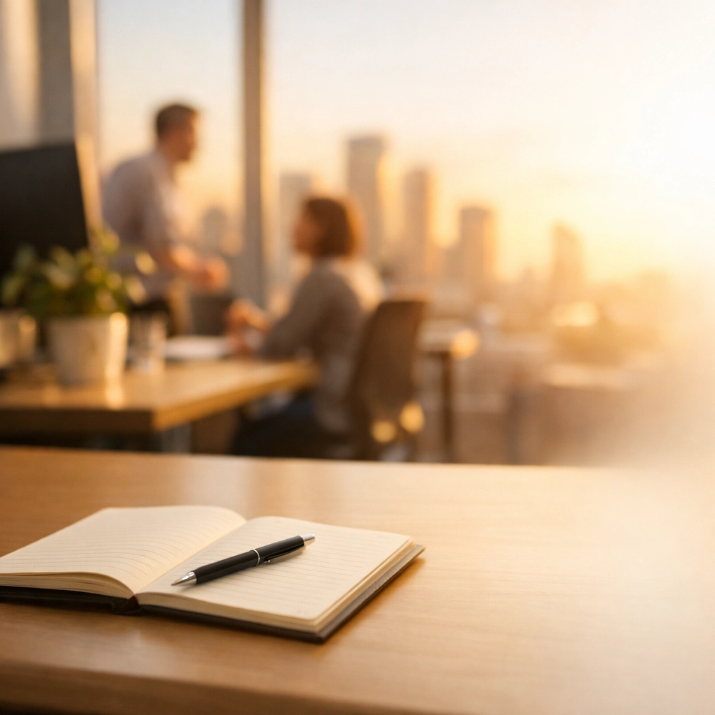 Minimalist entrepreneur workspace with notebook symbolizing business focus and clarity