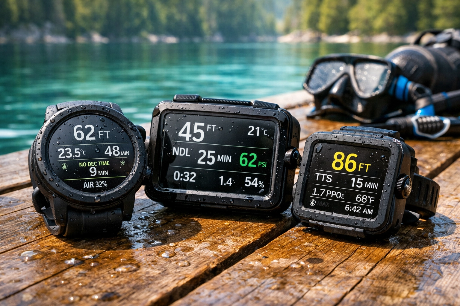 Drei Tauchcomputer Modelle für Einsteiger auf Steg am See