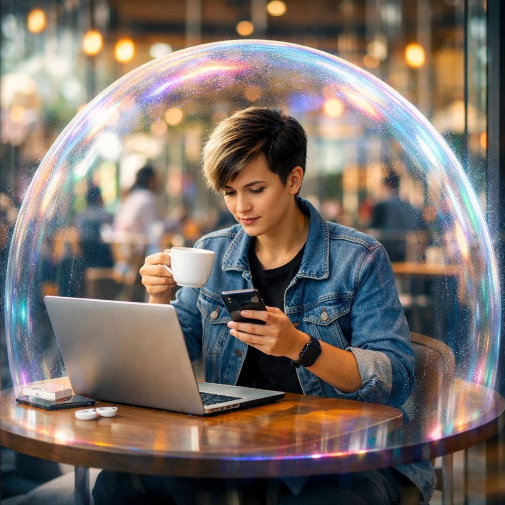 A user browsing on a laptop in a public cafe shielded by a secure VPN connection bubble.