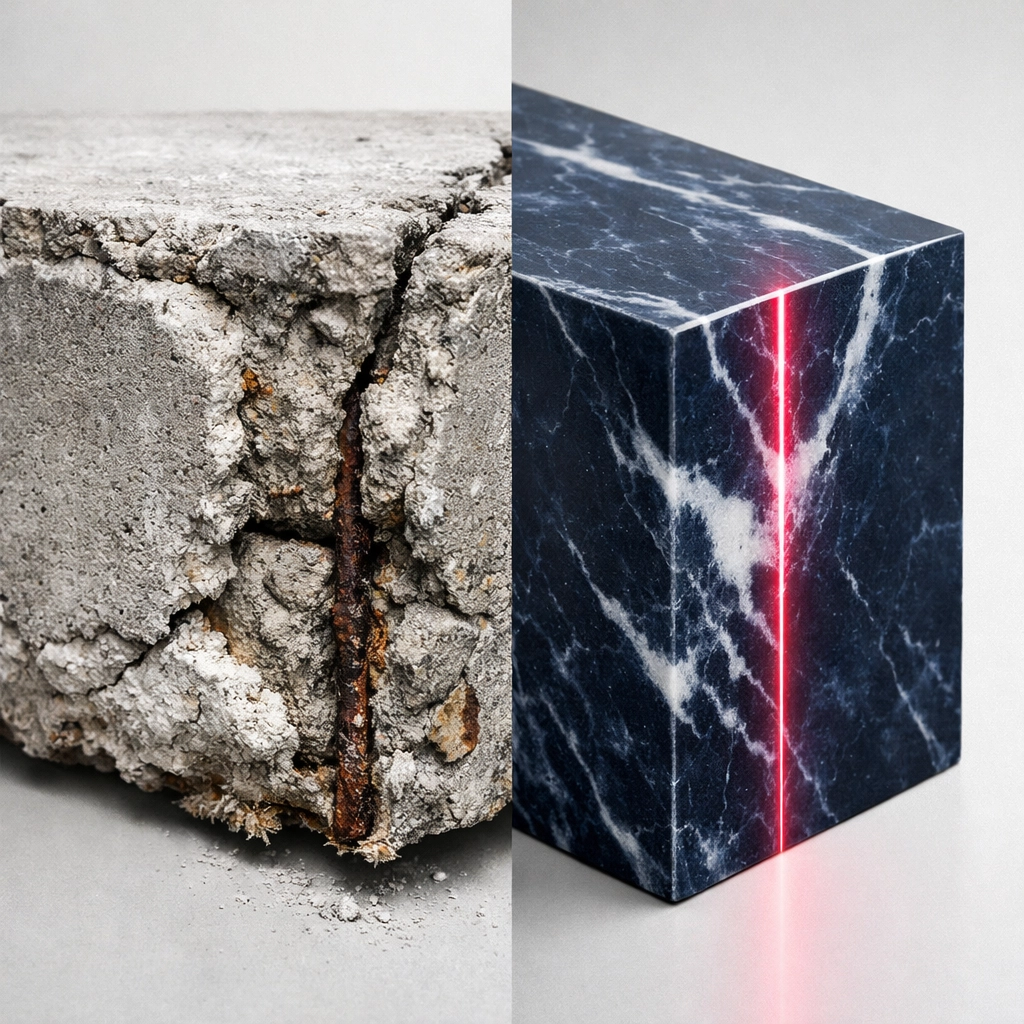 Durable marbled recycled plastic panel contrasted with a cracked concrete slab showing signs of weathering.