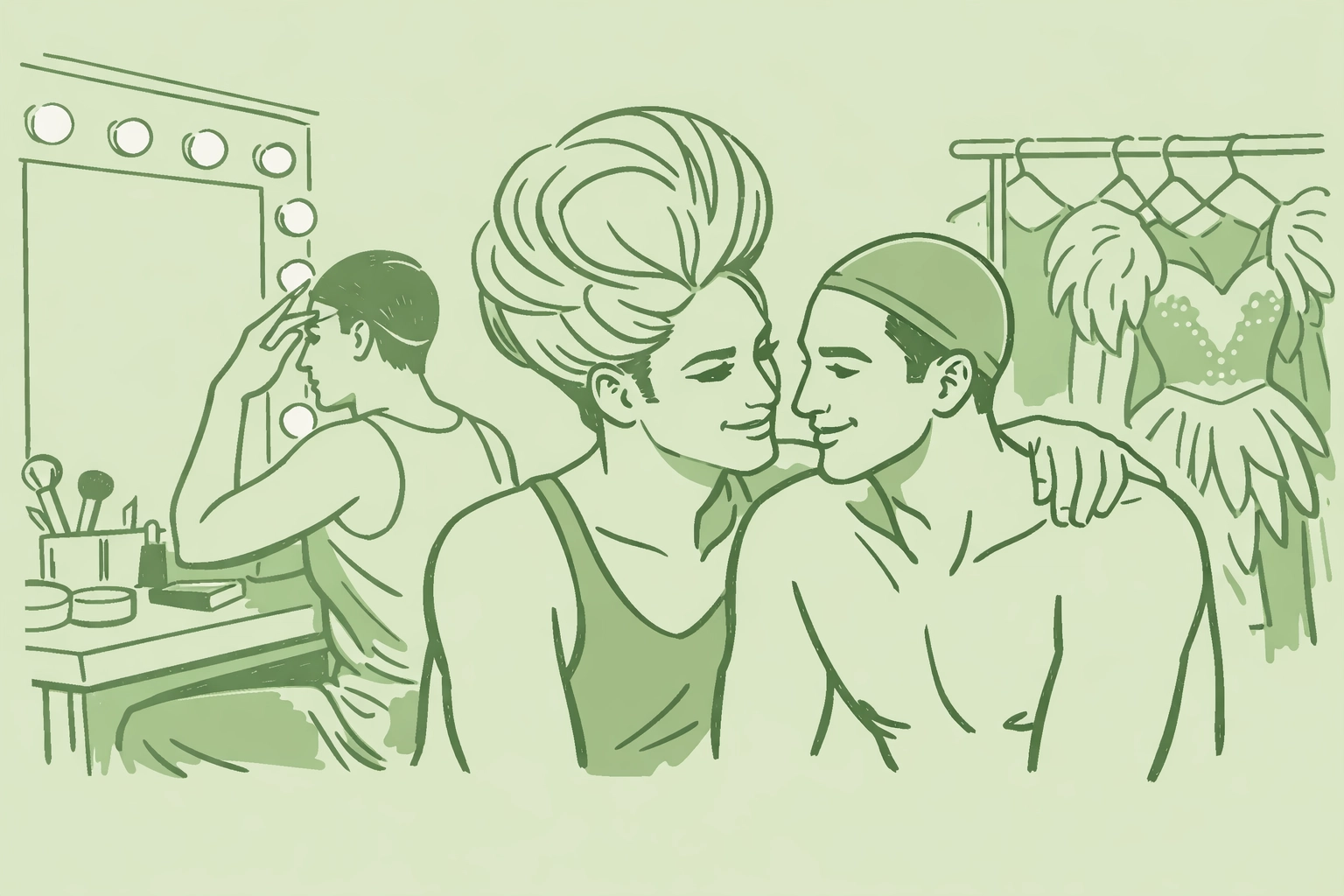 Drag performers preparing backstage with makeup and costumes for pageant competition