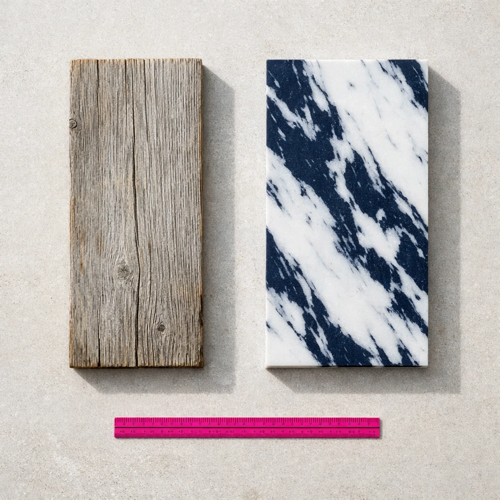 Comparison of weathered timber and durable navy marbled recycled plastic panel for sustainable construction.