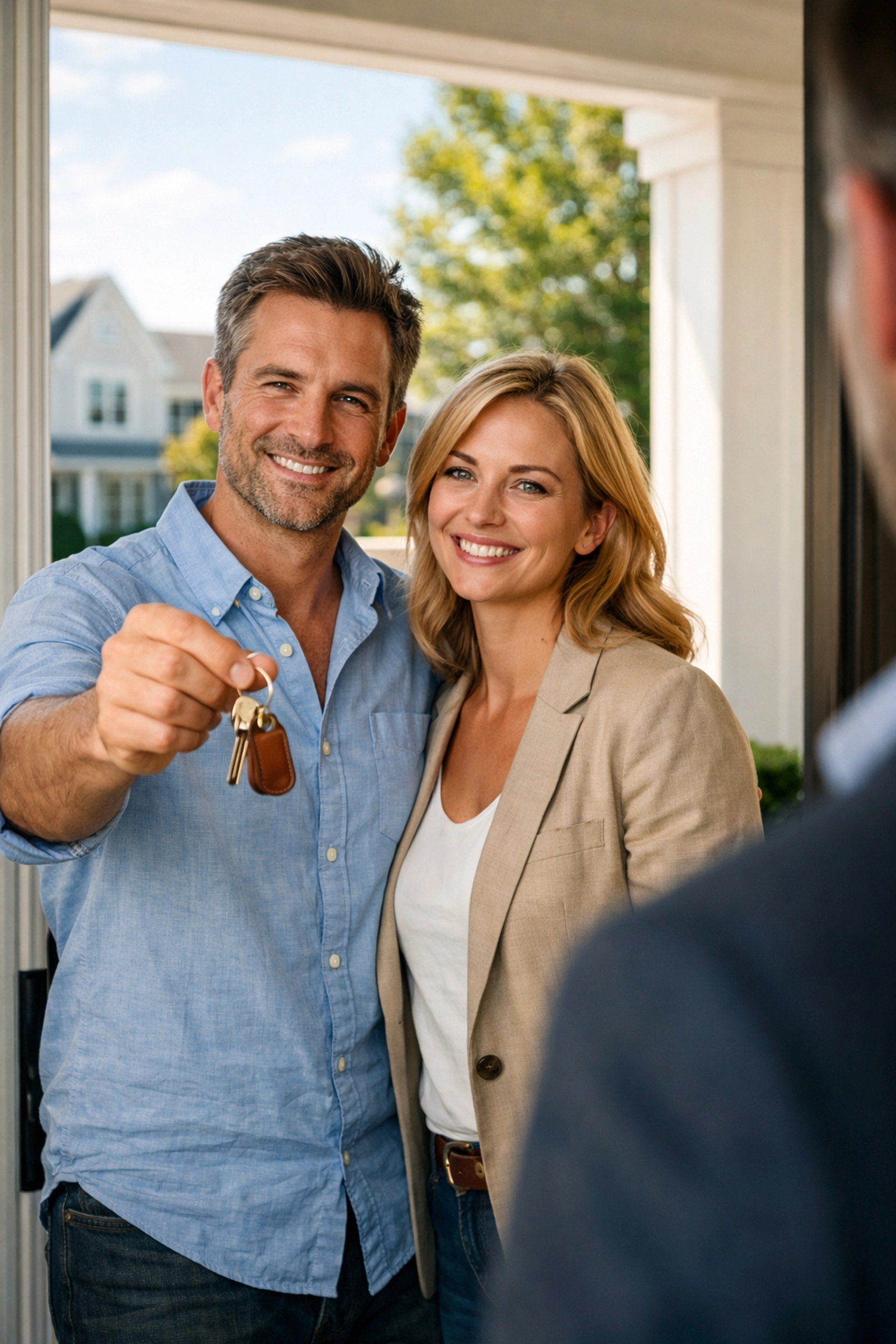 Satisfied residential tenants with house keys, representing high-quality property management and tenant retention.