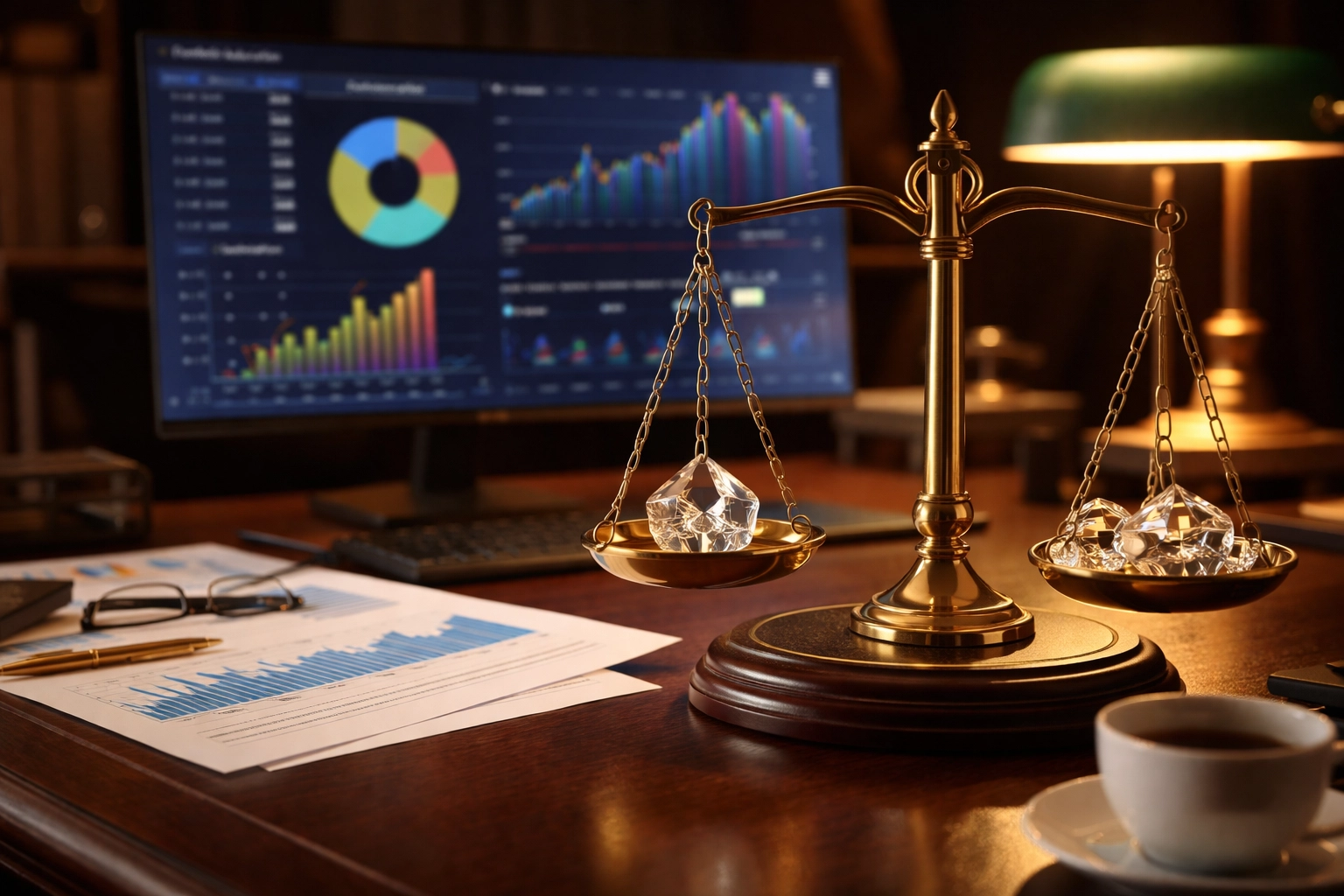 Investor's desk with portfolio analytics and balance scale highlighting strategic diversification analysis