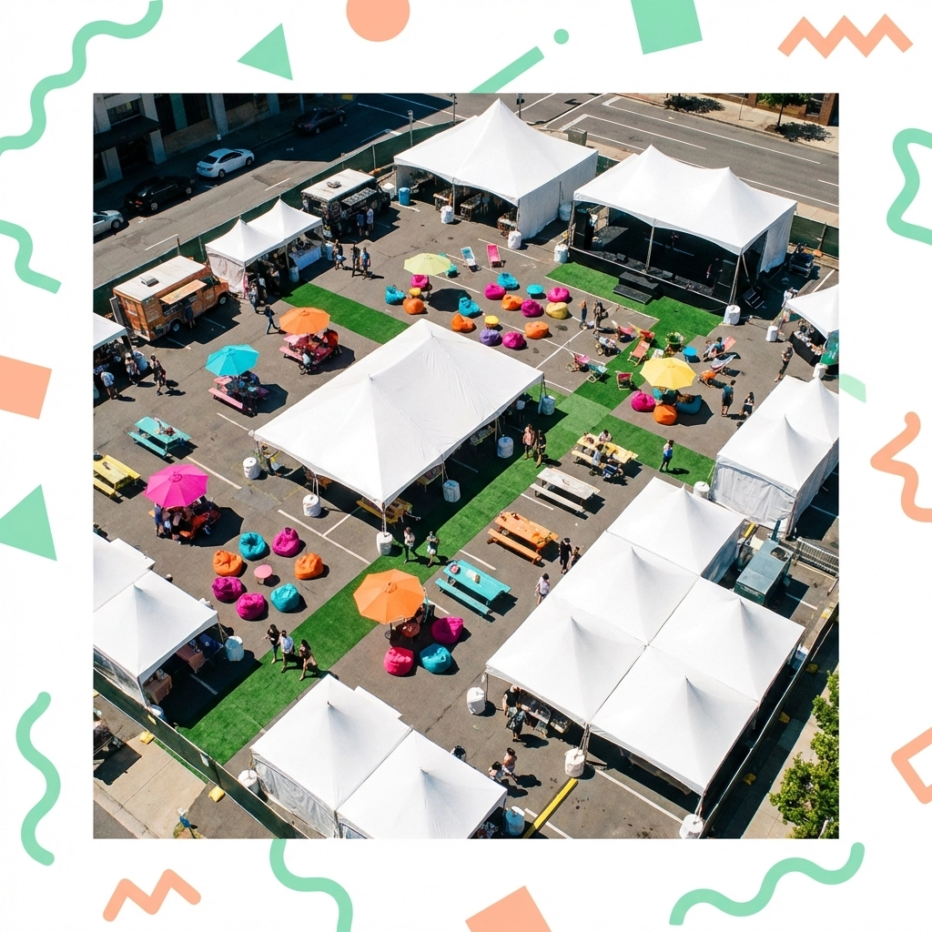 Aerial view of urban parking lot transformed into a vibrant pop-up festival with tents and decor