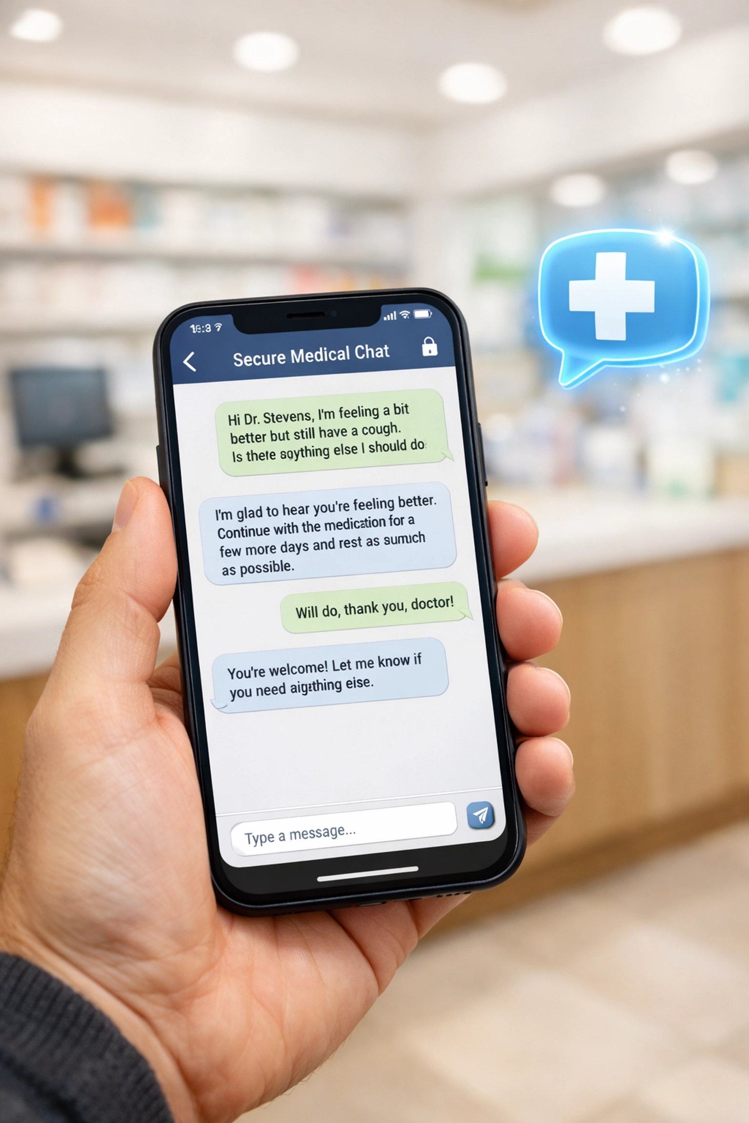 Patient using text-based telehealth to get an online prescription for UTI treatment at a local pharmacy.