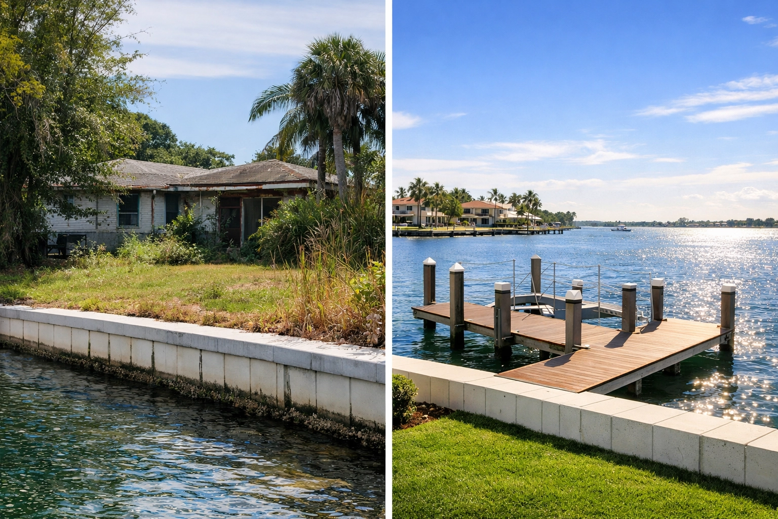 Comparison of undervalued SWFL waterfront property showing dated exterior but quality seawall and water access