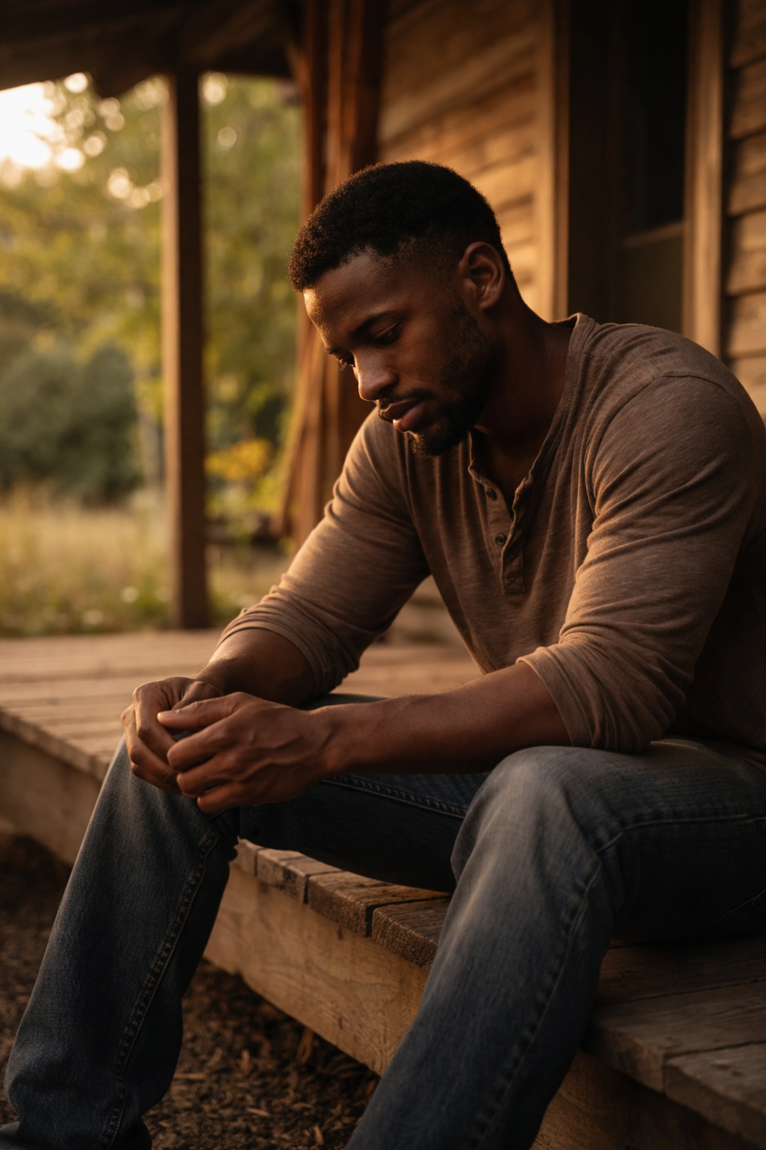 Black man reflecting alone on a porch, symbolizing the isolation of betrayal trauma in relationships