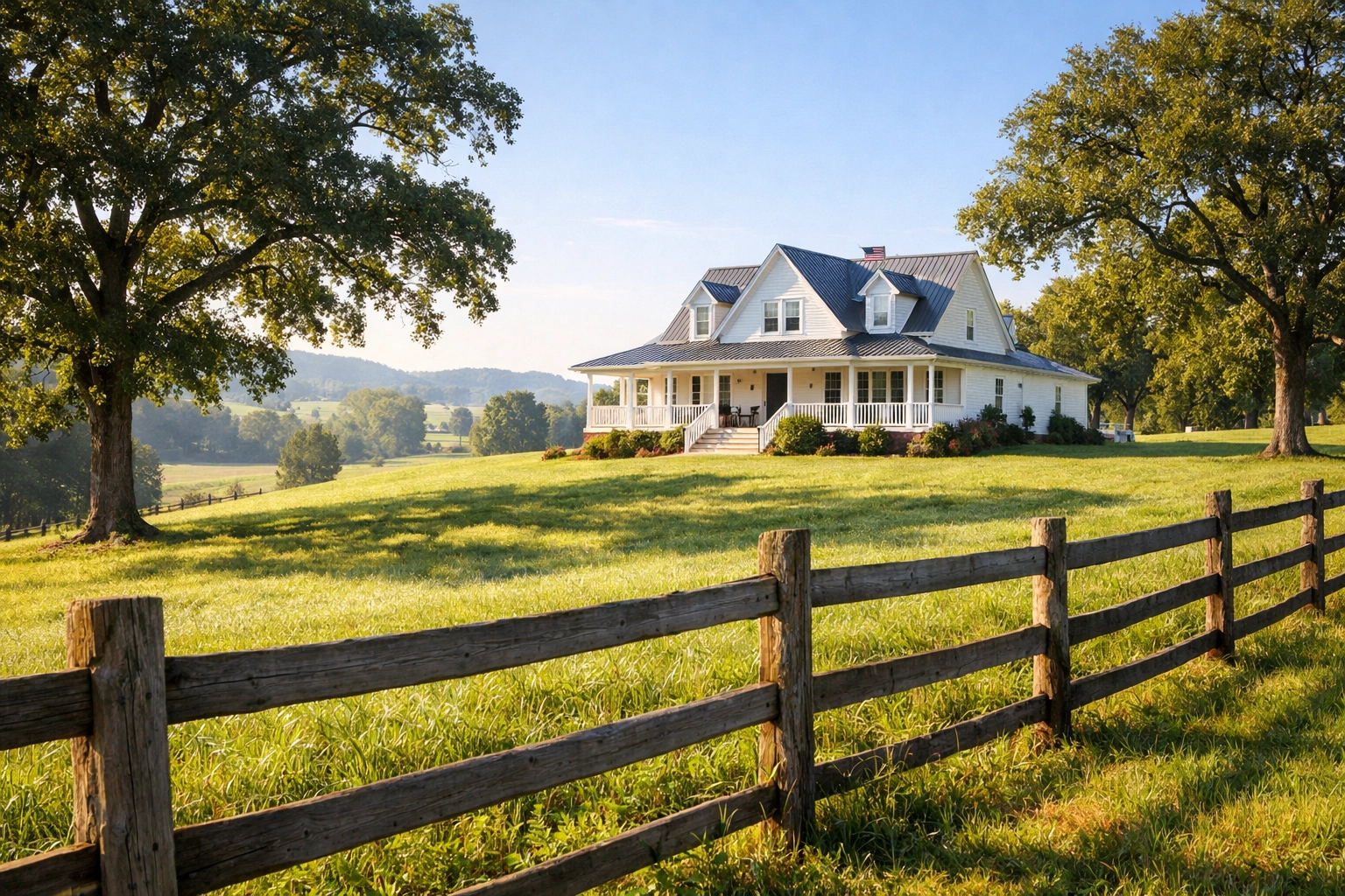 A classic white farmhouse on a rolling hill showcasing the small-town charm of Ringgold, Georgia.