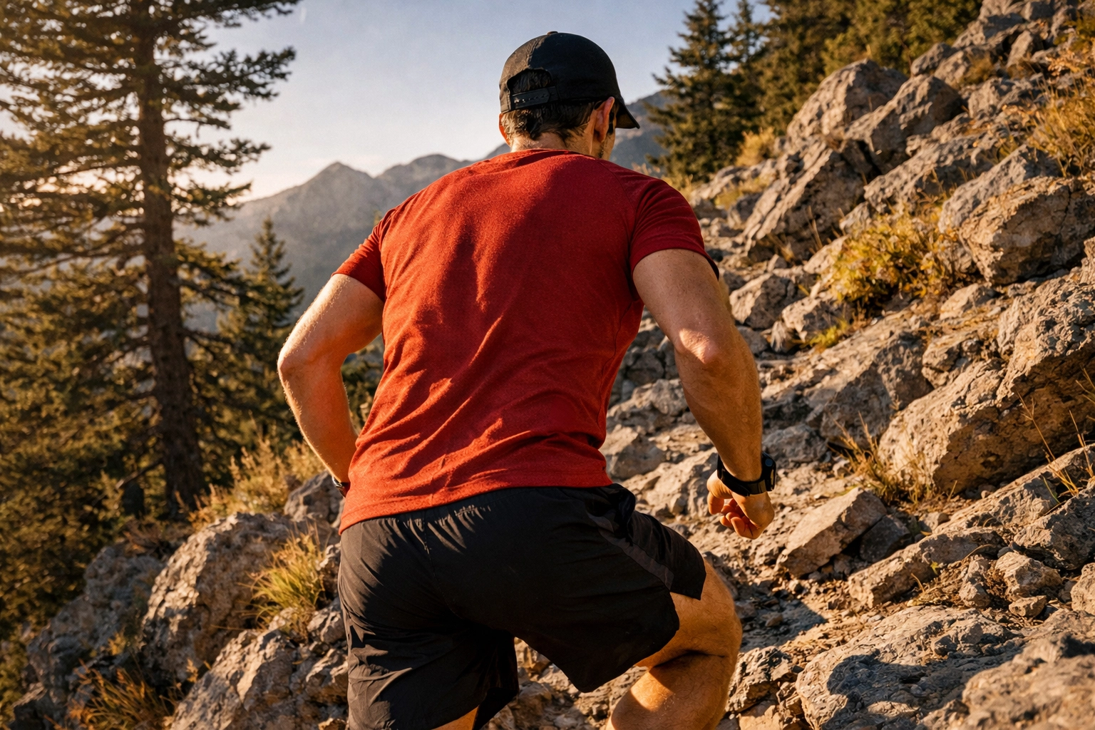 Trail runner ascending a rocky mountain trail with no hydration pack or bag visible