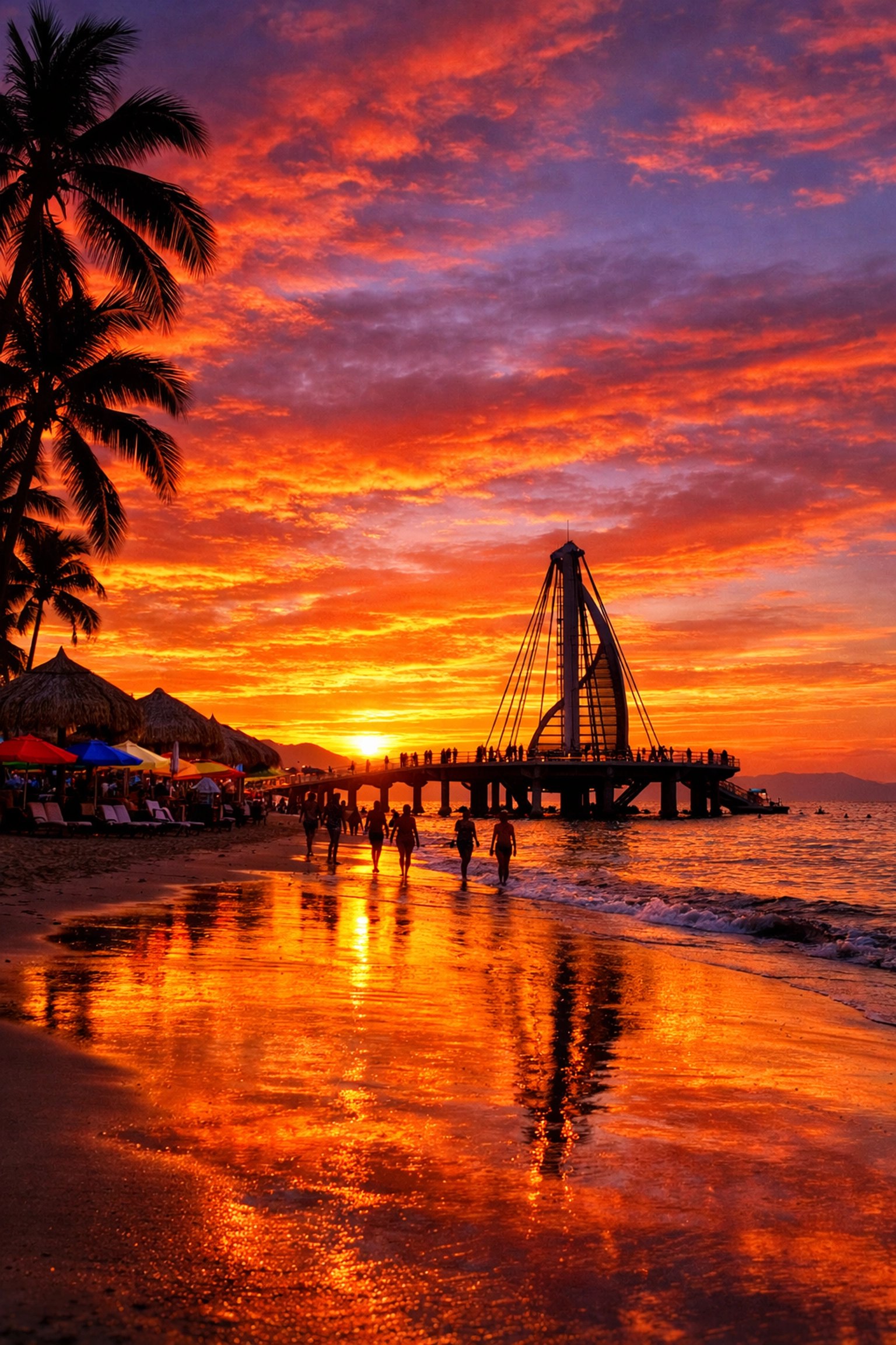 Los Muertos Beach Puerto Vallarta at sunset with palm trees and palapas