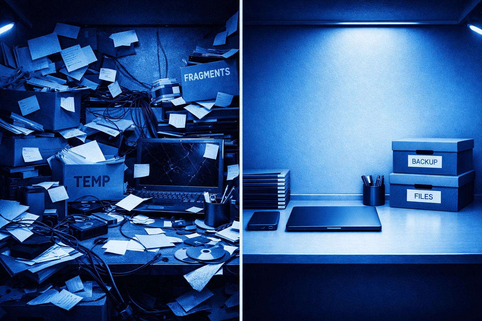 Before and after comparison of cluttered vs organized PC storage and files