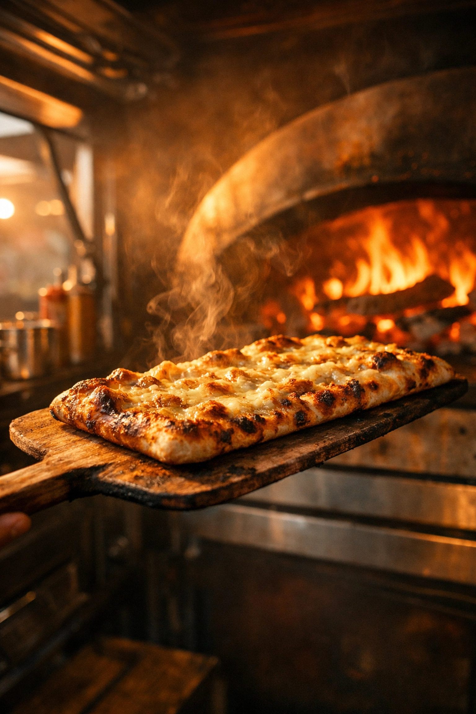 Fresh artisan flatbread pulled from mobile pizza oven with flames in BBQ food truck