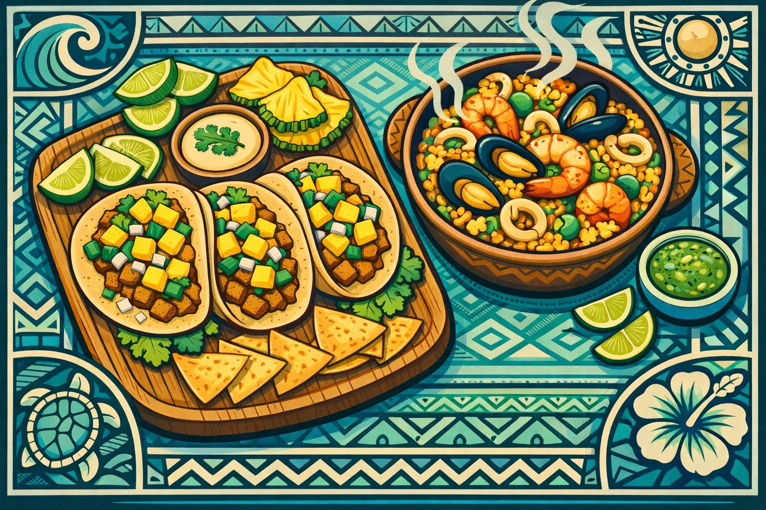 Pacific Islander and Mexican fusion dishes like pineapple street tacos and seafood paella at TALOFA FEST 2026.