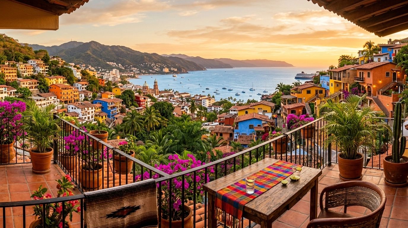 Panoramic view from a Puerto Vallarta condo balcony overlooking the colorful hillside neighborhood and Banderas Bay