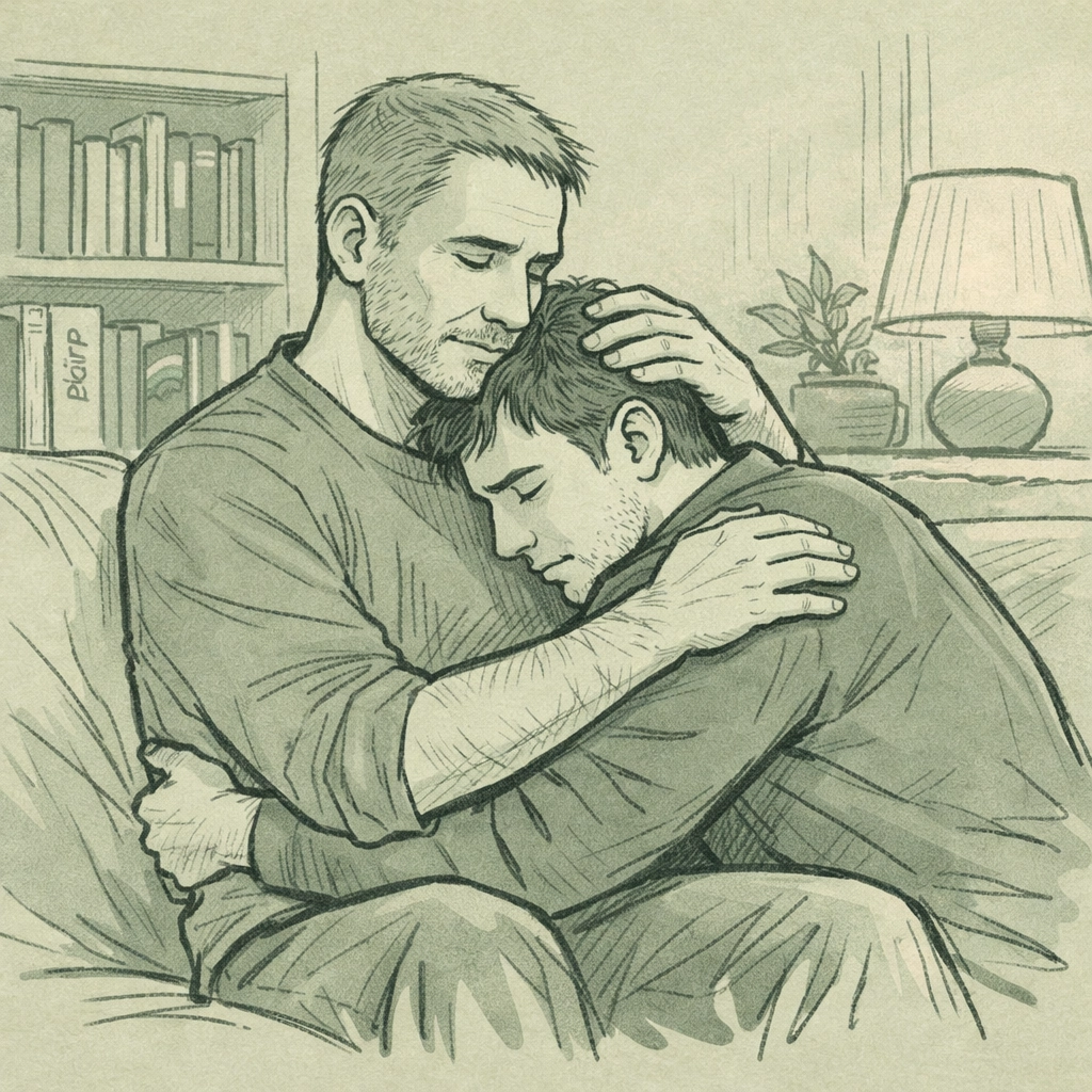 Supportive embrace between gay mentor and mentee illustrating chosen family bonds