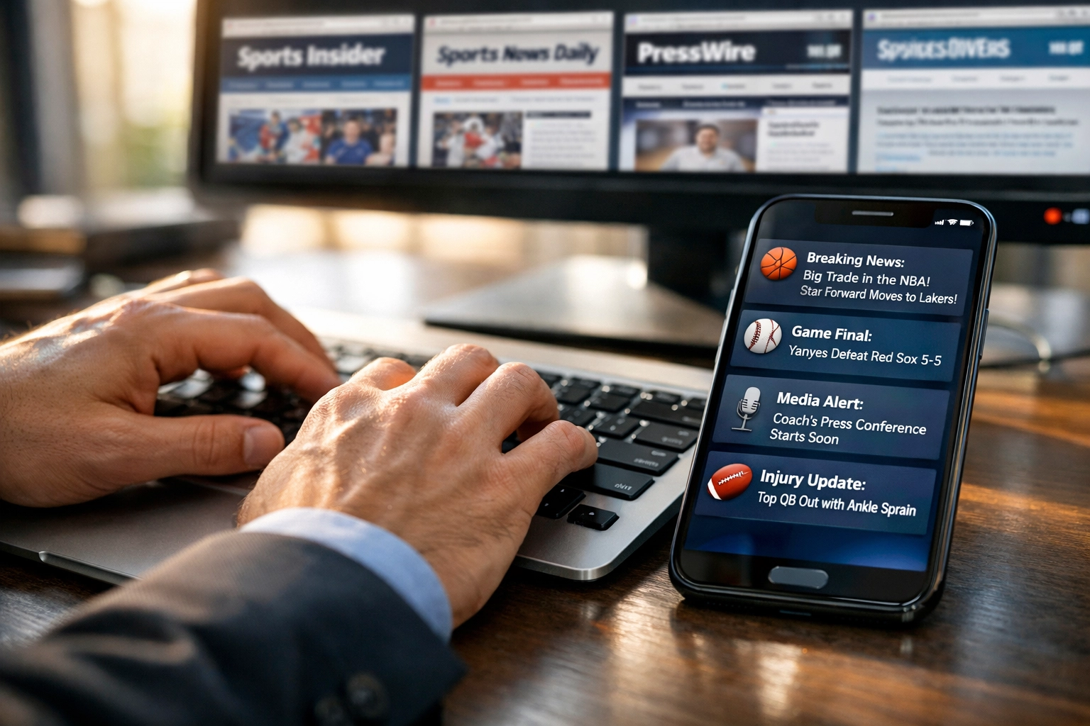 Sports media professional using automated press release platform to distribute news to journalists