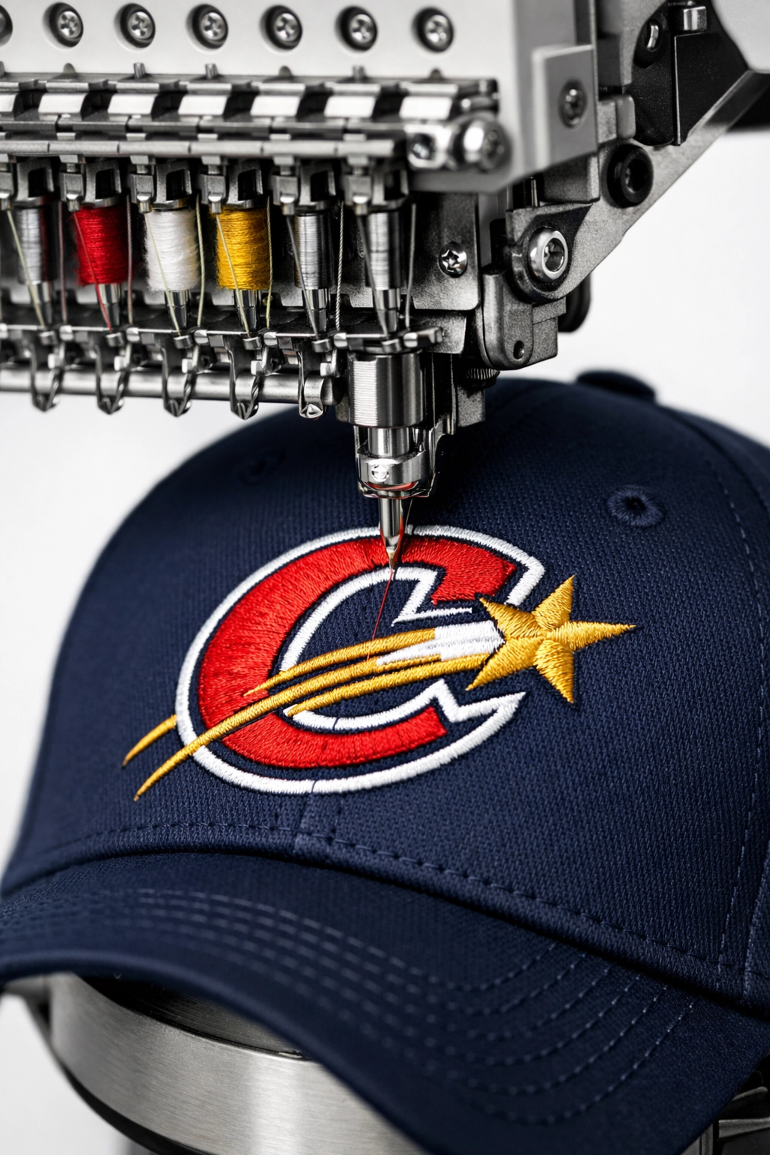 Custom embroidery machine stitching logo on baseball cap in Chicago