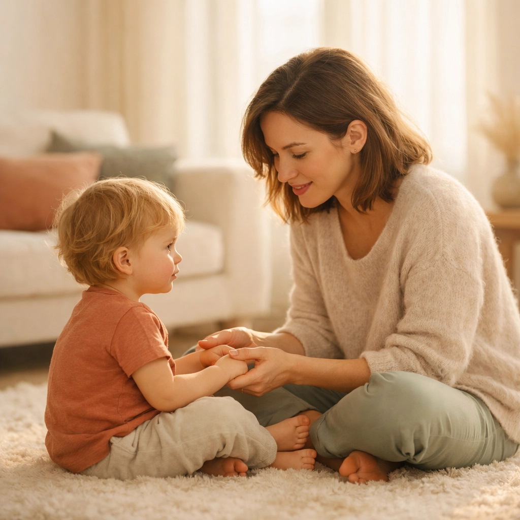 Mother and child practicing connection-based parenting and emotional regulation in a peaceful home setting.