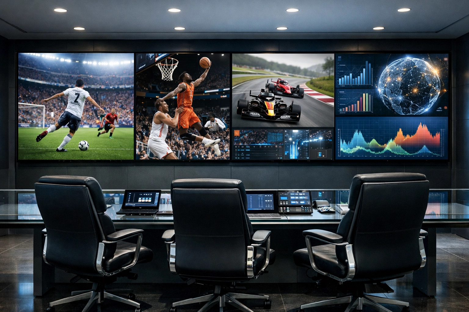 Strategic media control room managing global brand consistency and sports marketing analytics for international scale.